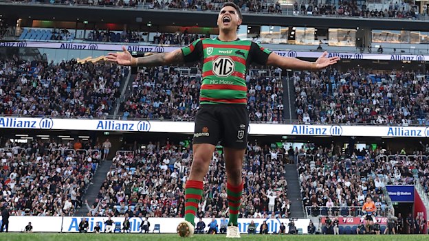 Box office: Latrell Mitchell roars to the crowd after nailing a sideline conversion against the Roosters in 2022.