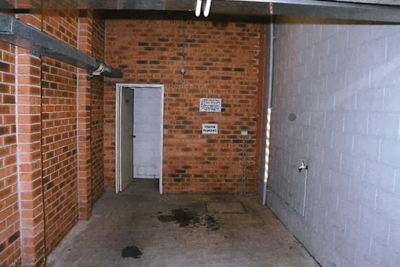 The door to the garage and toilet at the child's parent's Northern Beaches apartment block where the Crown alleges Rory Amon raped a child.
