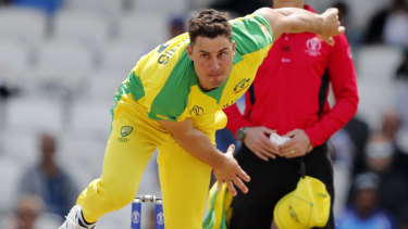 Australia's Marcus Stoinis bowls during the Cricket World Cup match between India and Australia at the Oval in London.