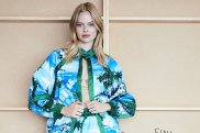Model Holly Magson from Chadwick agency in a Gucci bomber jacket and matching skirt from the Gucci Love Parade collection.
