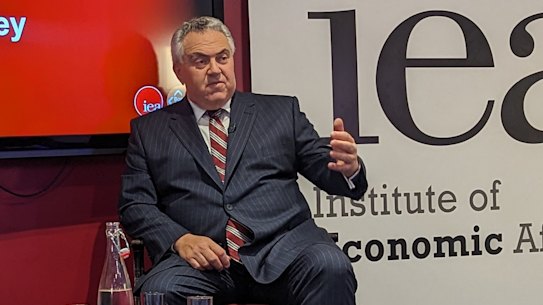 Former Treasurer Joe Hockey speaking at the Institute for Economic Affairs in London, Monday, October 23, 2023.