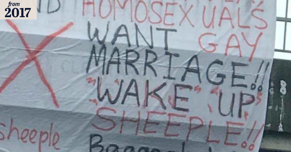 Homophobic sign hung above M1 at Logan