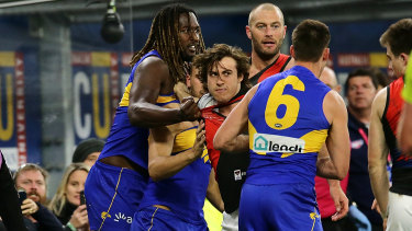 Naitanui after the incident with Merrett on the boundary line at Optus Stadium.