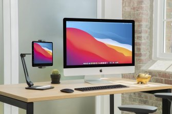 The Hoverbar Duo can hold your tablet at eye level for more comfortable use.