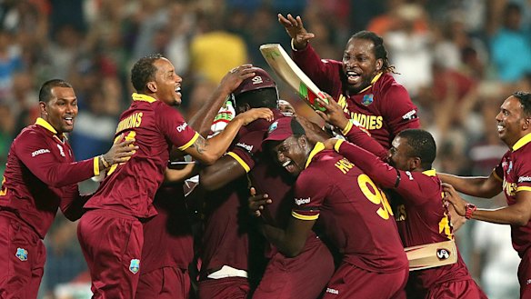 Carlos Brathwaite and the West Indies celebrate their 2016 T20 World Cup triumph.