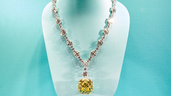 The Tiffany Diamond hanging behind the bullet-proof glass at Tiffany & Co's new Sydney boutique.