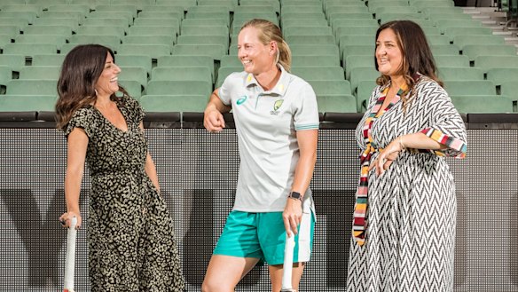 Captain Meg Lanning with producers of The Record, Angela Pippos (left) and Nicole Minchin.