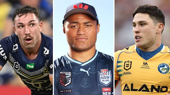 State of Origin debutants Reece Robson and Stefano Utoikamanu with recalled halfback Mitchell Moses.