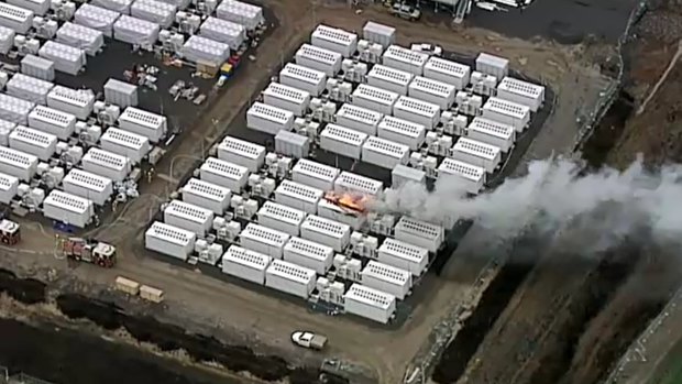Smoke billows from a fire at Victoria’s new Tesla Big Battery on Friday.