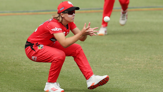 Safe hands: Carly Leeson of the Renegades takes a catch to dismiss the Strikers' Katie Mack.