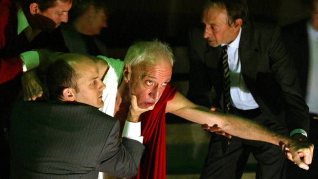 Arthur Dignam playing Julius Caesar (centre) by William Shakespeare, directed by Benedict Andrews at the Sydney Theatre Company in 2005.