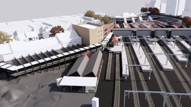 An aerial walkway, on the left, from Wilson Street to the proposed concourse for Redfern Station, is one of the options. 