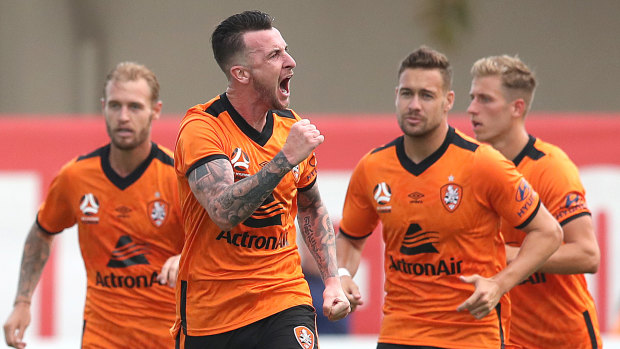 Triple treat: Irishman Roy O'Donovan celebrates the first goal of his hat-trick for Roar during the clash against Melbourne City at Dolphin Stadium in Brisbane.