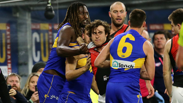 Naitanui after the incident with Merrett on the boundary line at Optus Stadium.