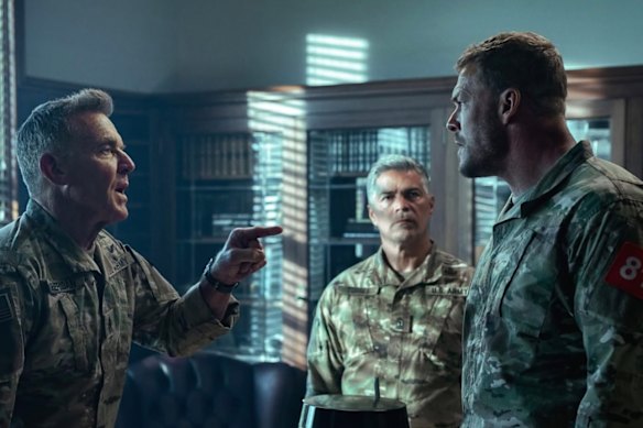 Dennis Quaid and Alan Ritchson face off in a scene from the sci-fi movie.