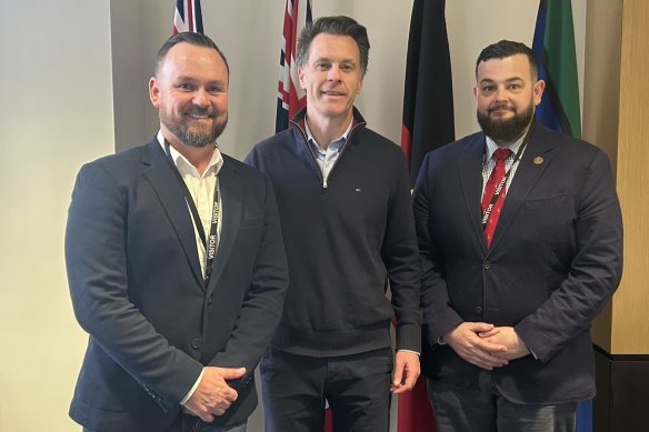 NSW RSL president Mick Bainbridge (left), Premier Chris Minns and Paul James, NSW RSL board member and Bainbridge’s business partner.