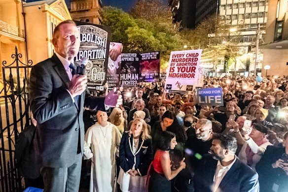 Former prime minister Tony Abbott at an anti-abortion rally outside NSW parliament on Wednesday night.