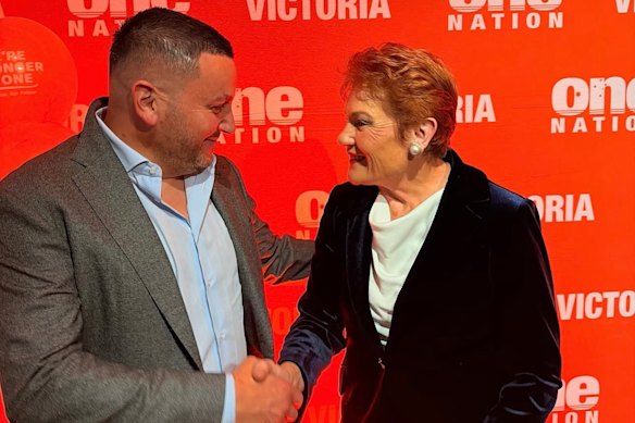The Albert Park hairdresser and former Liberal candidate transformed into One Nation supporter Michael Piastrino alongside Pauline Hanson at a One Nation fundraiser in South Melbourne last month. 