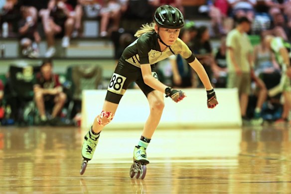 Jaxon competing in inline speed skating. 