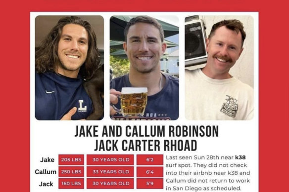 A missing persons poster for Australian brothers Jake and Callum Robinson and American Jack Rhoad.