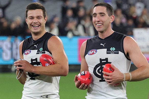 Jack Silvagni (left) is easing the defensive load on Jacob Weitering.
