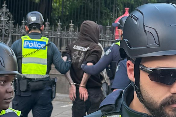 Police arrested a protester near Victorian Parliament on Thursday.