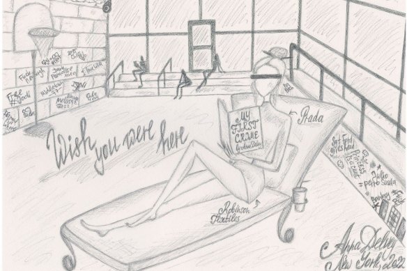 “Wish You Were Here,” an original pencil sketch by Anna Delvey.