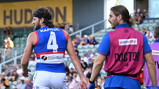 Marcus Bontempelli left the field early in the Dogs’ pre-season clash with Hawthorn.