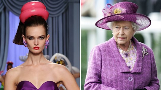 A model wearing a Stephen Jones creation in the Moschino spring/summer 2023 show at Milan Fashion Week, the Queen at Royal Ascot, 2008.