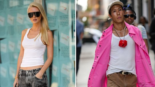 White tank tops anchored the street style looks outside the shows at New York Fashion Week and the trend continues in Milan.