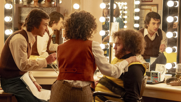 This image released by Sony Pictures shows, from left, Kim Matula, as Jane Curtin, Emily Fairn, as Laraine Newman, Gabriel La Belle, as Lorne Michaels, Rachel Sennott, as Rosie Shuster, and Matt Wood, as John Belushi in a scene from “Saturday Night.”  (Hopper Stone/Sony Pictures via AP)