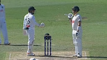 Steve Smith and Litton Das exchange words.