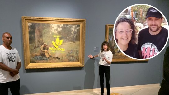 Protesters at the Art Gallery of WA on Thursday, inset McCubbin’s decendants Margot Edwards and Ned Reilly.