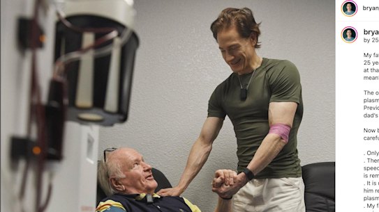 Entrepreneur Bryan Johnson gives his father his allegedly rejuvenating plasma.