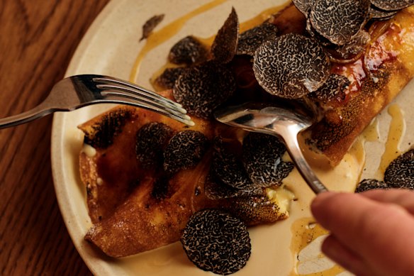 Crepe suzette with truffles, brown butter gelato and mandarin caramel.