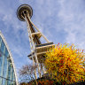 Seattle’s famous Space Needle towers above the glassed Seattle Centre.