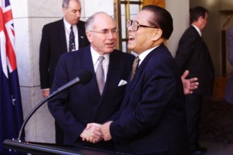 A different era - former prime minister John Howard at a joint conference with the president of China, Jiang Zemin, at Parliament House in Canberra in 1999.