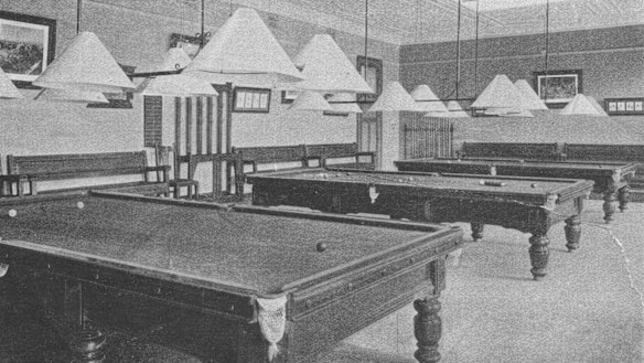 The billiards room, which housed five tables at capacity. 