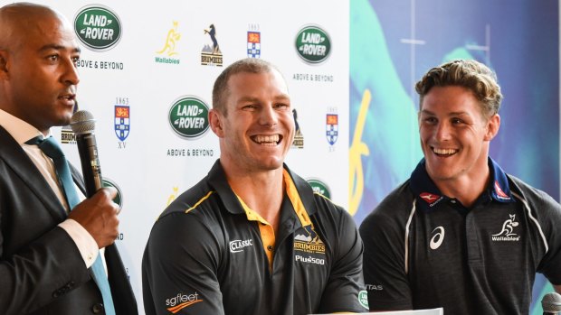 George Gregan, pictured here with David Pocock and Michael Hooper at a sponsorship announcement early last year, has a strong rapport with current players. 