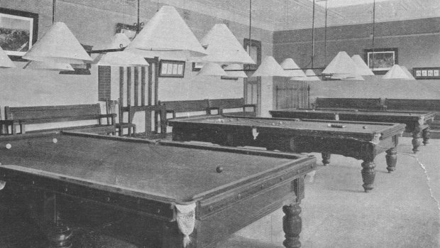 The billiards room, which housed five tables at capacity. 