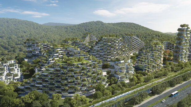 An artist’s rendering of China’s Liuzhou Forest City, where 30,000 people will live.