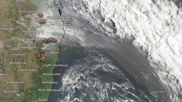 A satellite image shows smoke from northern NSW bushfires sweeping across the Tasman towards Lord Howe Island.