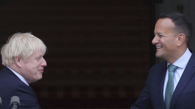 Britain's Prime Minister Boris Johnson, left, meets with Ireland's Prime Minister Leo Varadkar.