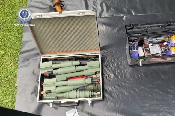 Police seized 39 guns, improvised explosive devices and a range of bomb-making equipment at a property in north-west Sydney. 