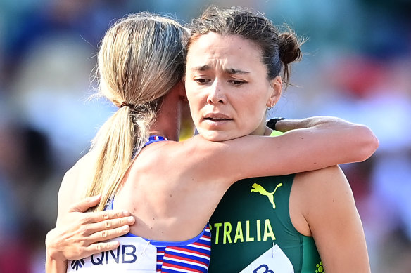 Australia’s Catriona Bissett is consoled by Britain’s Keely Hodgkinson after the dramatic heat.