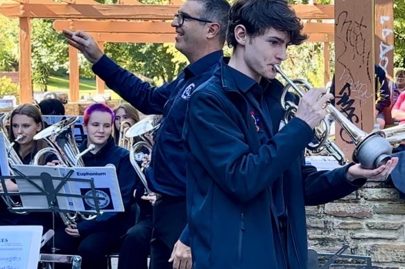 Members of the Victorian Youth Orchestra rehearsing for their <i>Acid Brass</i> performance. 