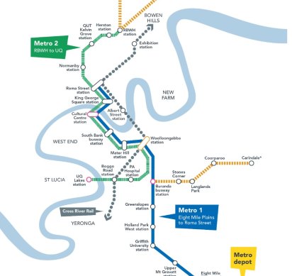 The Brisbane Metro network in 2024, will act as a central rapid transit spine wher<em></em>e suburban buses l<em></em>ink   in. Future extensions marked in yellow.