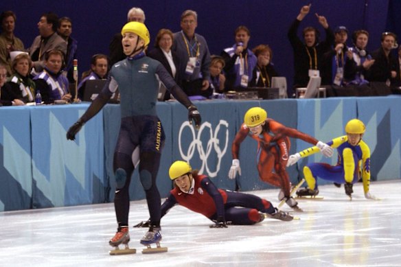Steve Bradbury celebrates Australia’s first-ever Winter Olympics gold medal at Salt Lake in 2002.