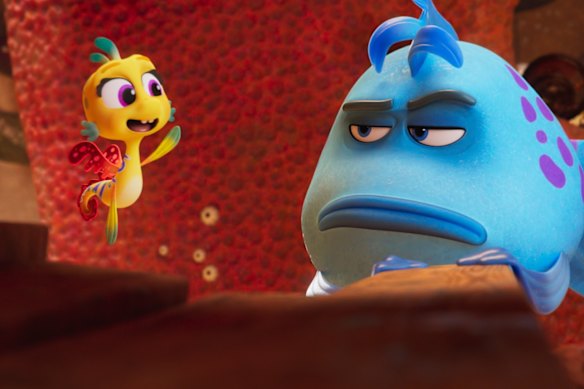 Pip the sea dragon (voiced by Nina Oyama) and Mr Fish (voiced by Nick Offerman) in The Pout-Pout Fish.