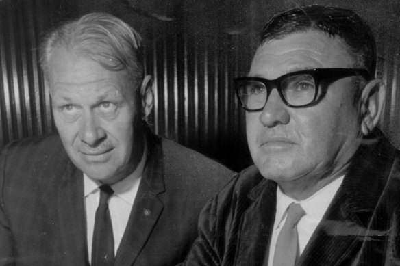 Mining business partners Peter Wright, left, with Lang Hancock in 1967.